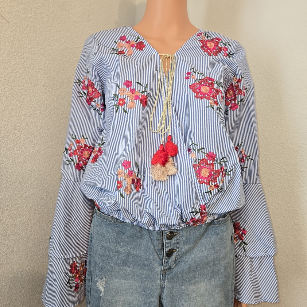 Sage Blue Blouse with Pink Floral Embroidery